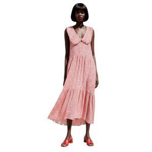 Zara Oversized Floral Print Maxi Dress Peter Pan Collar Tiered Red White Medium